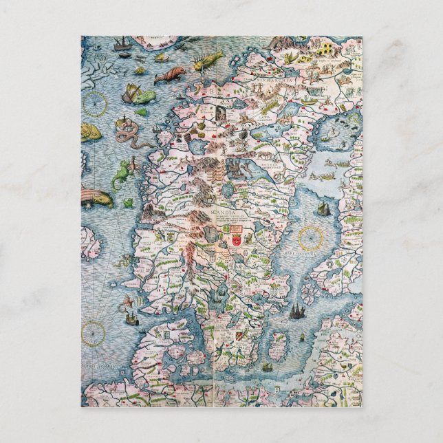 Cartão Postal Escandinávia, detalhes da Carta Marina (Frente)