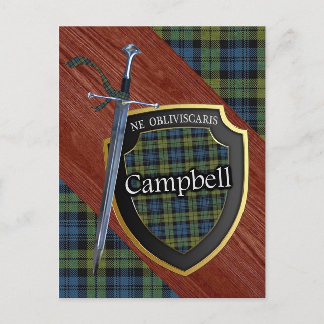 Cartão Postal Escocesa Campbell Tartan Sword & Shield (Frente)