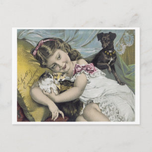 Cartão Postal Escocesa Emulsão Menina com Cachorro e Gato