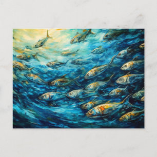 Cartão Postal Escola de Peixes em Pintura Oceânica Expressiva