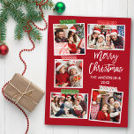 Cartão Postal Escoteiro Feliz Artesanato de Natal Vermelho<br><div class="desc">O Script de Pincel Moderno Feliz Natal 5 Colagem de Fotos com Cartão-Postal de Festas de Fita de Artesanato. Fundo Vermelho.</div>