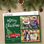 Cartão Postal Escoteiro Vintage Truck 2 Foto Natal Verde<br><div class="desc">Manuscrito em Pincel Moderno com Watercolor Vintage Red Truck com Árvore de Natal - Feliz Cartão-Postal Verde da Família de Natal 2</div>