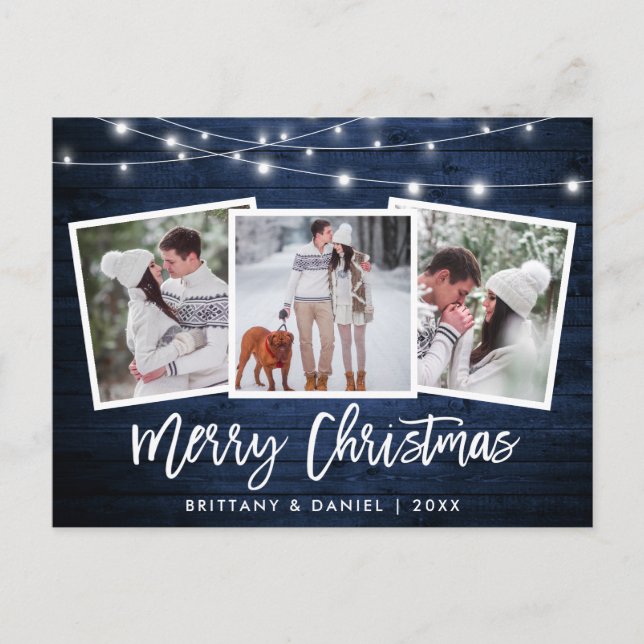 Cartão Postal Escova Azul Madeira Luzes 3 Foto Natal (Frente)