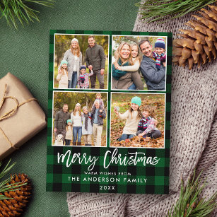 Cartão Postal Escova Xadrez Verde Família 4 Foto Natal