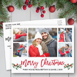 Cartão Postal Escovo Moderno Vermelho 5 Foto Feliz Natal<br><div class="desc">O Cartão Postal de Natal Merry - Colagem Fotográfica do Casal de Escopa Moderna 5 - inclui Watercolor Christmas Holly Berries - Script Vermelho</div>