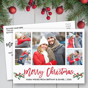 Cartão Postal Escovo Moderno Vermelho 5 Foto Feliz Natal