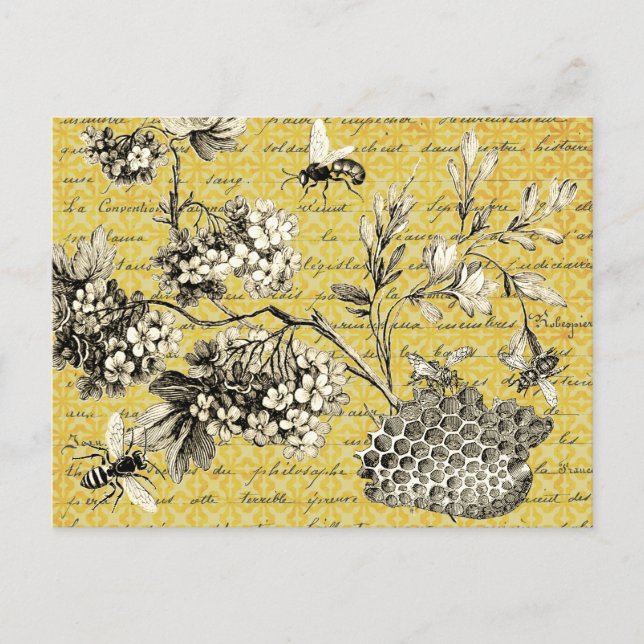 Cartão Postal Escrapbook de abelhas e flores em francês, em vinh (Frente)