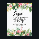 Cartão Postal Escrita em Pincel Salvar a Data Tropical Flamingo<br><div class="desc">Manuscrito De Pincel Moderno,  Vergonha Floral Tropical Watercolor,  Salve O Cartão-Postal Do Noivado De Data com Flamingo Rosa</div>