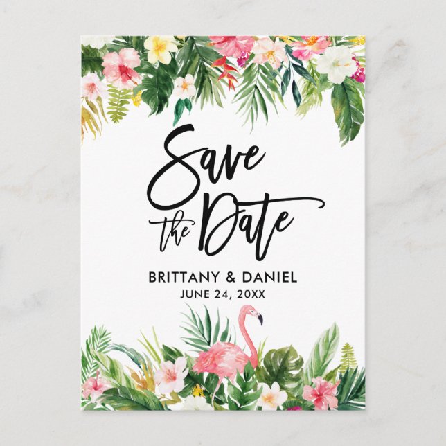 Cartão Postal Escrita em Pincel Salvar a Data Tropical Flamingo (Frente)