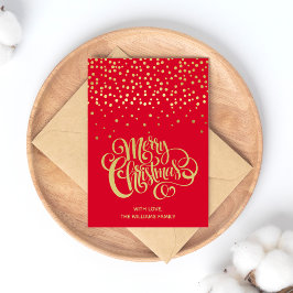 Cartão Postal Escrito Dourado Elegante e Natal Vermelho Confetti