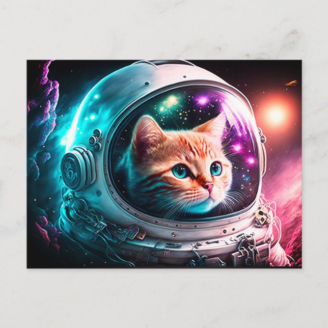 Cartão Postal Espaço Engraçado Astronauta Gatinho Galáxia Univer (Frente)