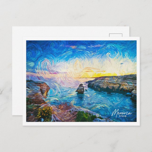 Cartão Postal Espanha Menorca Linda Paisagem de Pintura de Óleo (Frente/Verso)