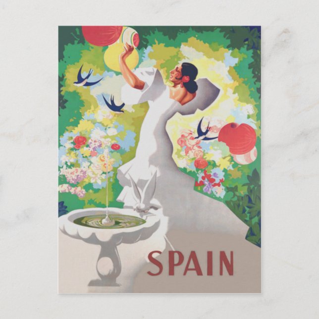 Cartão Postal Espanha Senhorita Pássaros Flores Festa Jardim (Frente)