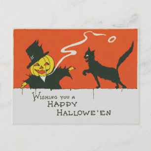 Cartão Postal Espantalho Fumante Jack O' Lantern Gato Preto