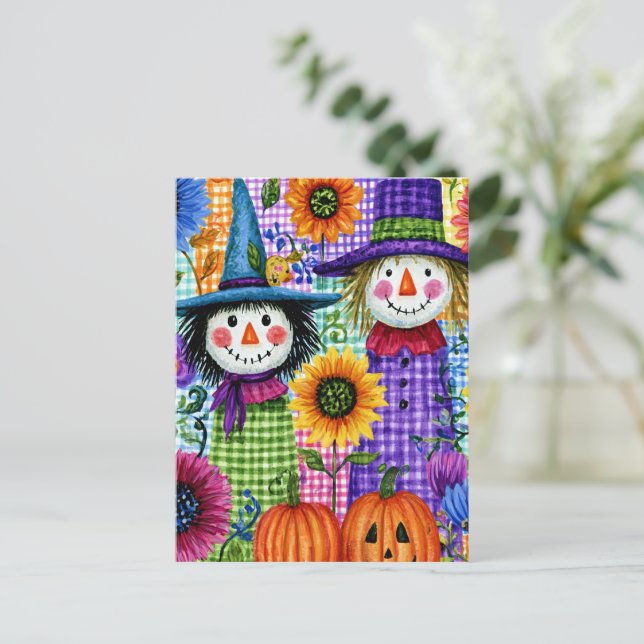 Cartão Postal Espantalhos e Abóboras, Halloween, (Em pé/Frente)