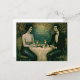Cartão Postal Esplêndido Casal de Sereias Vintage em Jantar