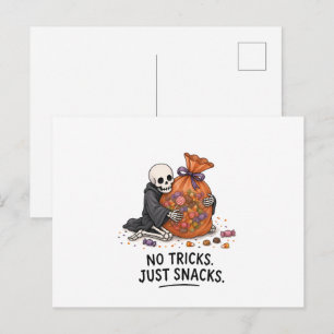 Cartão Postal Esqueleto com Saco de Doces Ilustração Divertida d