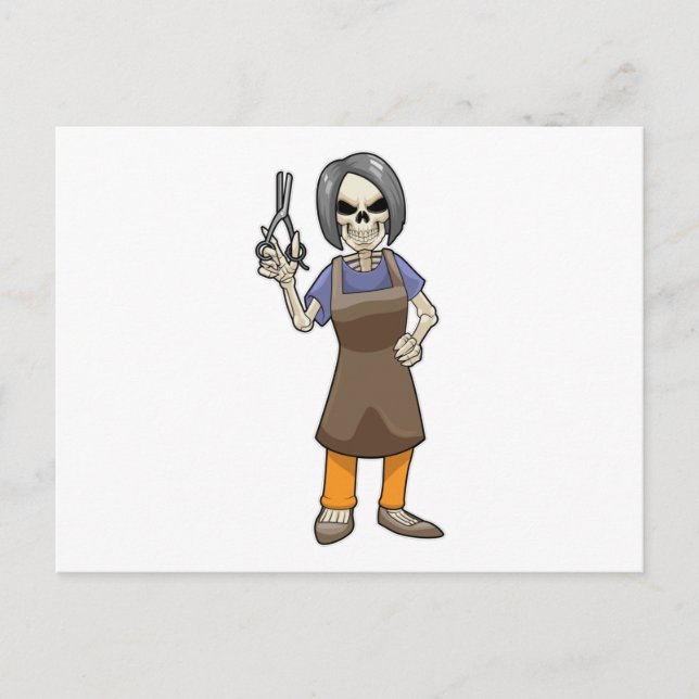 Cartão Postal Esqueleto como cabeleireiro com tesoura (Frente)