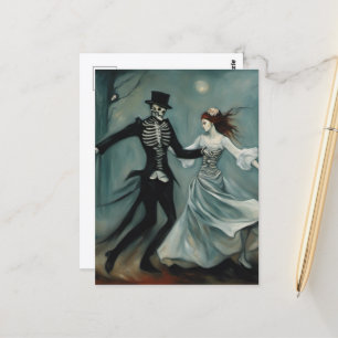 Cartão Postal Esqueleto Dançante e Mulher na Pintura da Floresta
