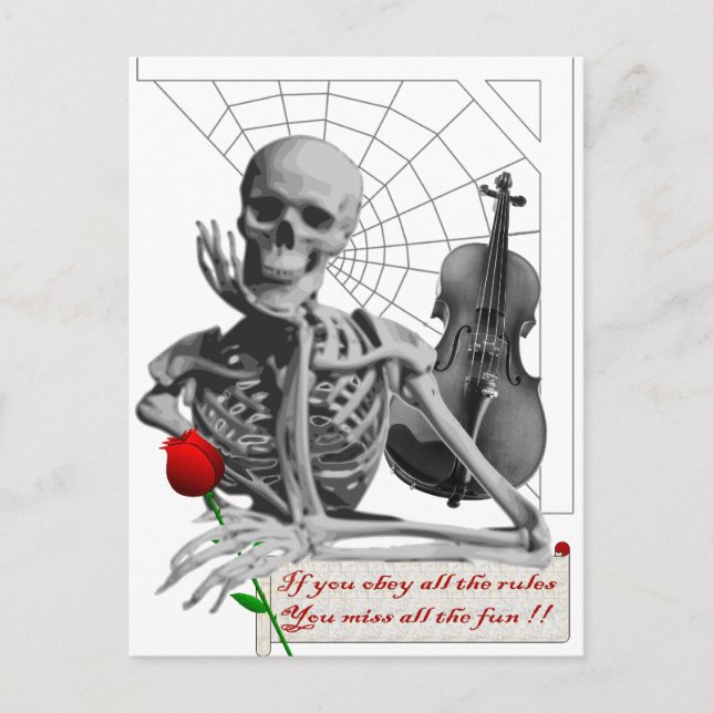 Cartão Postal Esqueleto de Quebra de Regra com Rosa e Violino. (Frente)