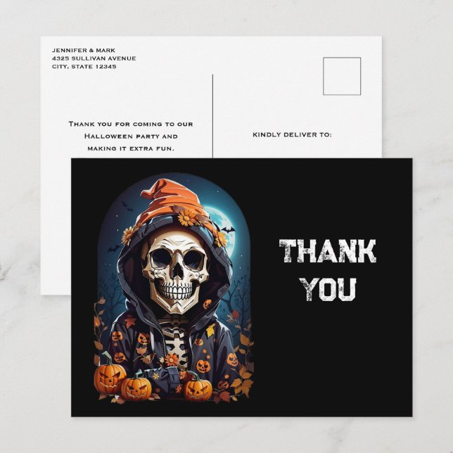Cartão Postal Esqueleto Sinistro & Abóboras de Halloween Obrigad (Frente/Verso)