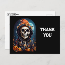 Cartão Postal Esqueleto Sinistro e Abóboras de Halloween Obrigad