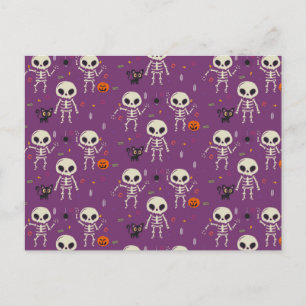 Cartão Postal Esqueletos Fofos Padrão de Halloween Roxo