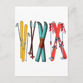 Cartão Postal Esqui Colorido Divertido Esquiador 