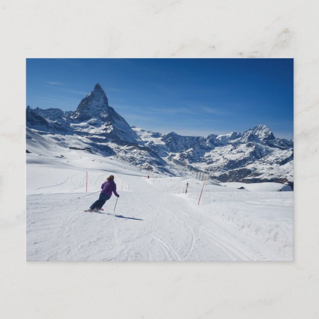 Cartão Postal Esqui com o Monte Matterhorn em Zermatt, Suiça (Frente)