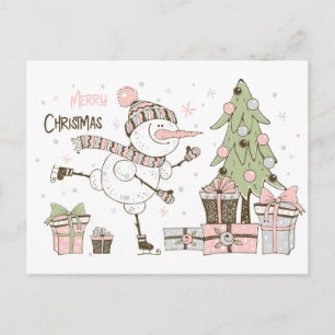 Cartão Postal Esqui de Neve com Árvore de Natal e presentes