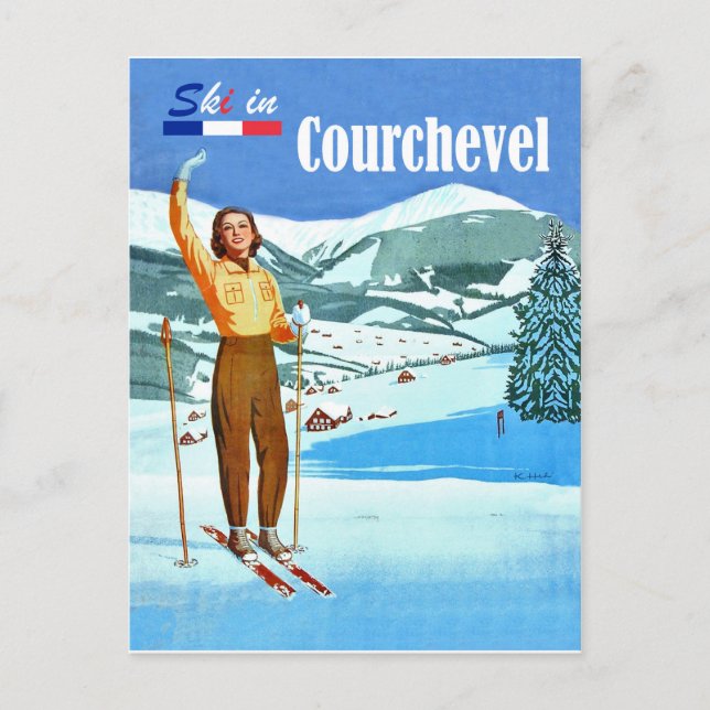 Cartão Postal Esqui em Courchevel, mulher no esqui, França (Frente)