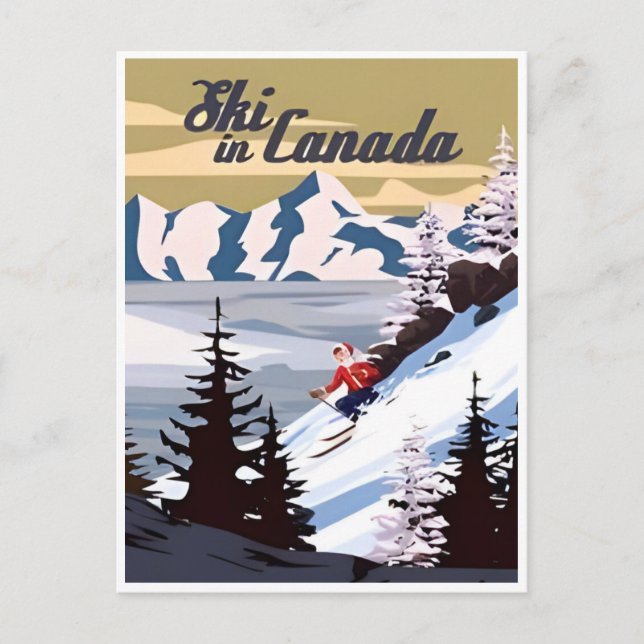 Cartão Postal Esqui no Canadá ilustração de turismo de safra (Frente)