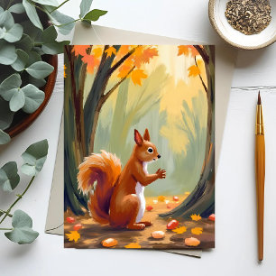 Cartão Postal Esquilo da Floresta Aquarela de Animal de Outono