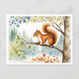Cartão Postal Esquilo de Aquarela Whimsical na Cena da Floresta