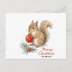 Cartão Postal Esquilo de Natal com Enfeite Vermelho