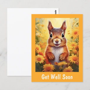 Cartão Postal Esquilo em Flores Amarelas Fofo Recupere-se Logo  