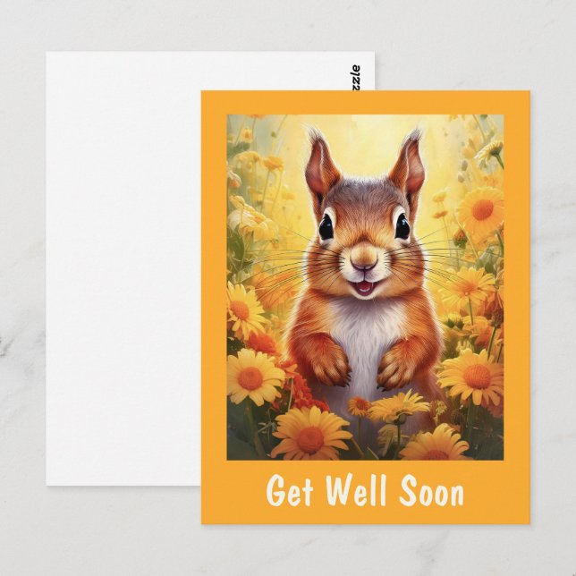 Cartão Postal Esquilo em Flores Amarelas Rápida Recuperação  (Frente/Verso)