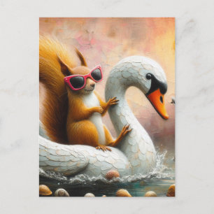 Cartão Postal Esquilo Engraçado em Flutuador de Cisne