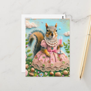 Cartão Postal Esquilo Fofo em um Vestido Rosa com uma Bebida