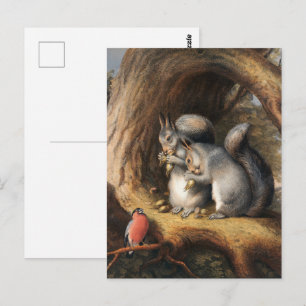 Cartão Postal Esquilos Antigos e Arte Florestal de Pássaros da F