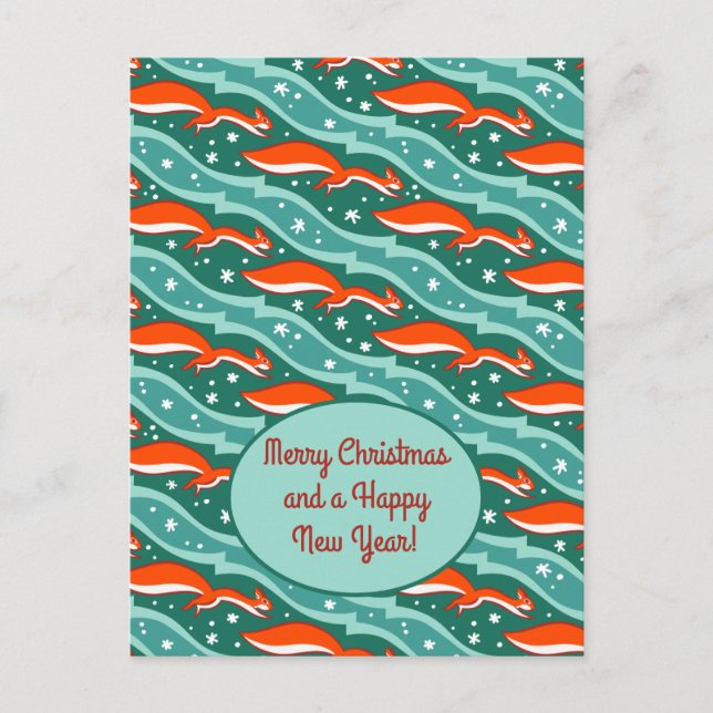 Cartão Postal Esquilos saltando na neve em uma árvore verde-escu (Frente)