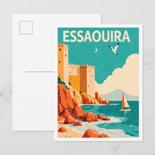 Cartão Postal Essaouira Marrocos Arte Ilustração Vintage Viagem (Frente/Verso)