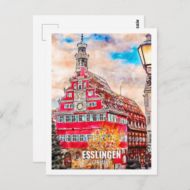 Cartão Postal Esslingen Germany Viagem Place Watercolor (Frente/Verso)