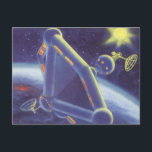 Cartão Postal Estação Espacial Vintage Science Fiction Orbiting<br><div class="desc">Ilustração de safra futurista e imagem de ficção científica de planetas. Uma estação espacial orbitando ao redor de um planeta ou lua com um sol brilhante brilhando no céu no futuro. Um clássico design de quadrinhos retrô de ficção científica.</div>