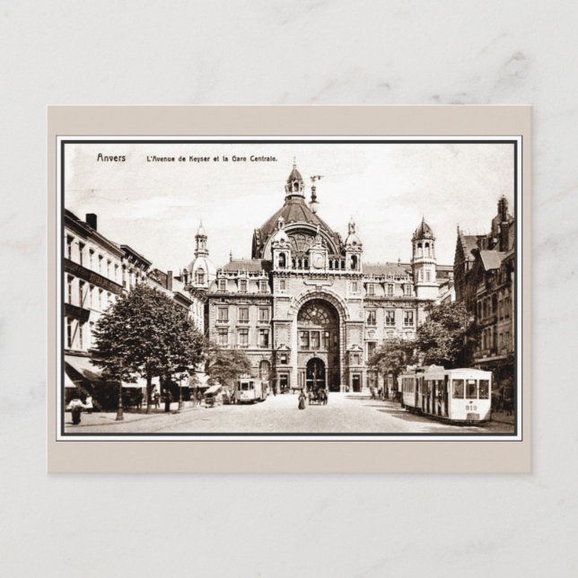 Cartão Postal Estação Ferroviária Central de Vintage Antwerp (Frente)