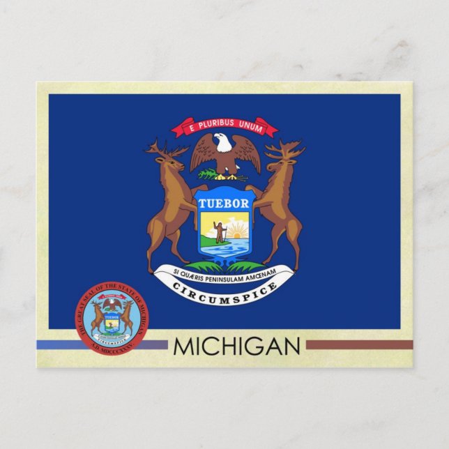 Cartão Postal Estado do Michigan Flag e Seal (Frente)