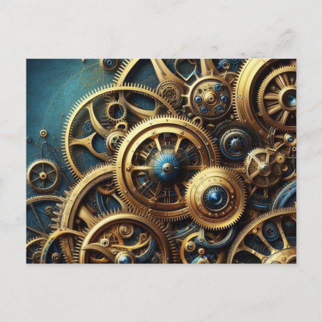 Cartão Postal Estampunk Clockwork Dourado e Teal (Frente)