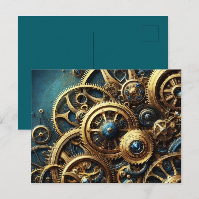 Cartão Postal Estampunk Clockwork Dourado e Teal (Frente/Verso)