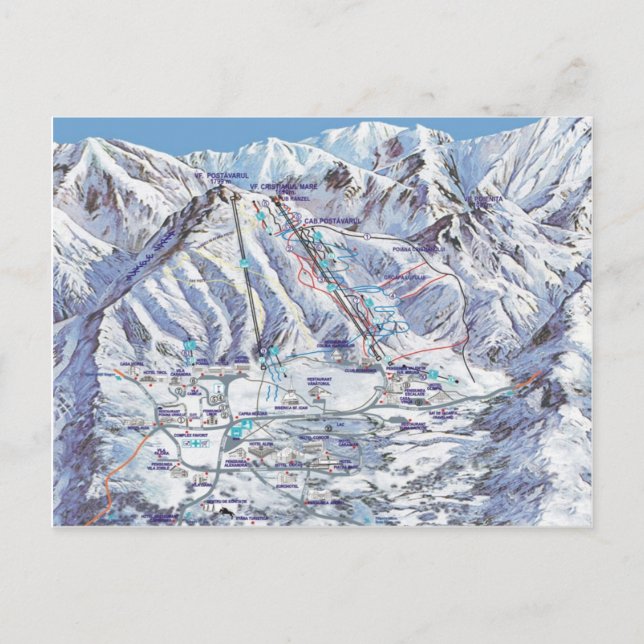 Cartão Postal Estância de esqui, Romania, Piana Brasov, mapa do (Frente)