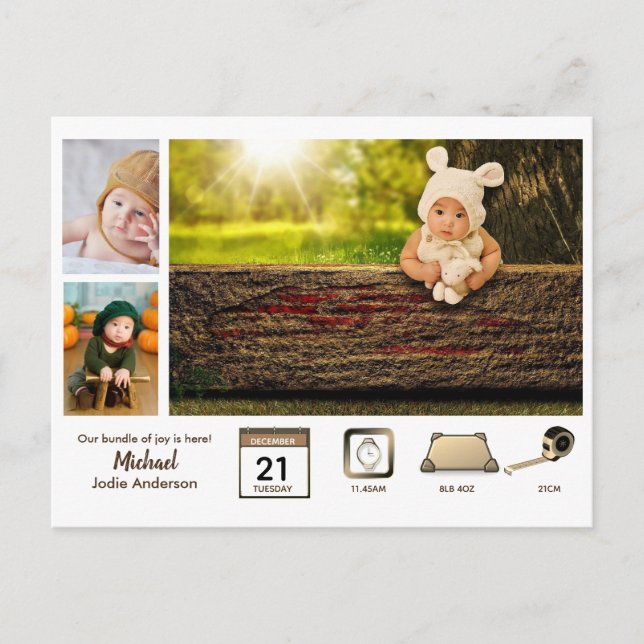 Cartão Postal ESTATÍSTICAS DE BEBÊ MENINO Colagem de Fotos Rústi (Frente)